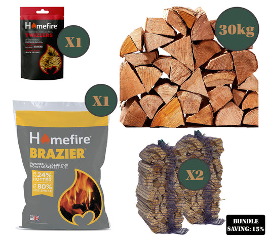 Ultimate Winter Fire Bundle #2 - 30KG Kiln Dried Logs, 20KG Brazier Smokeless Coal, 2 x 3KG Kindling & 300g Wood Wool Firelighters