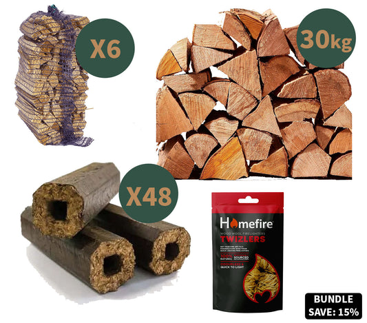 Ultimate Winter Fire Bundle #1 – 30KG Kiln Dried Logs, 48 x Ultra Dry Heat Logs, 6 x 3KG Kindling & 300g Wood Wool Firelighters